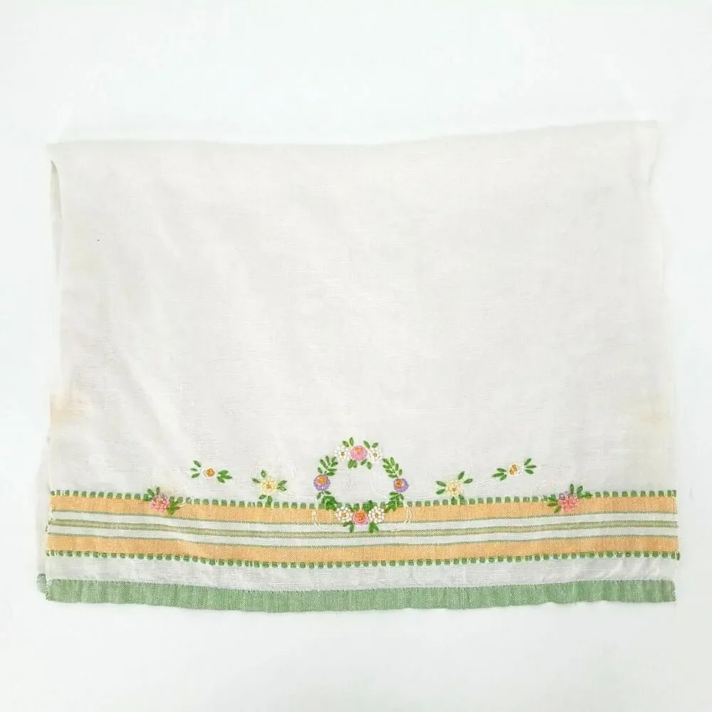 Vintage Hand Embroidered Linen Tea Towel 16x24 Floral Green Yellow Cottagecore